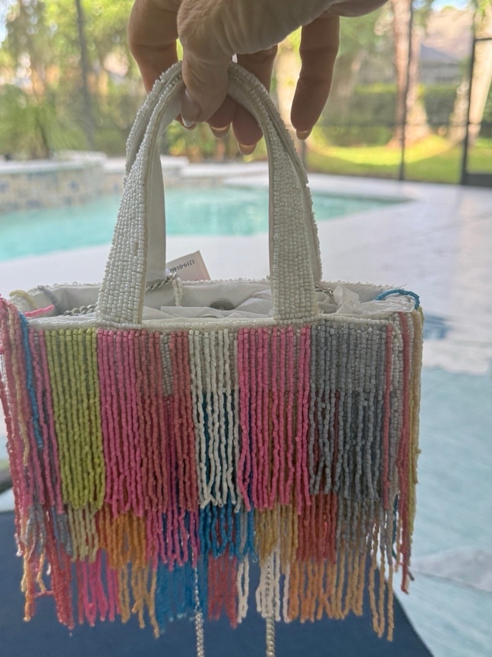 Beaded Fringe Mini Tote - White with Multicolor Fringe
